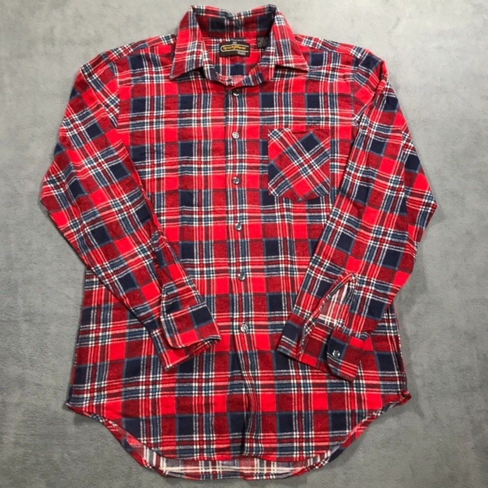Vintage 80s Sears Sportswear Flannel Shirt Mens Medium Red Plaid Hipster Grunge